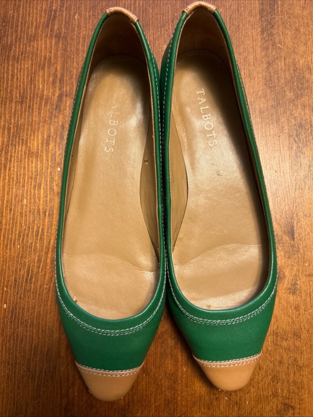 Talbots Green and Tan Leather Cap-Toe Ballet Flats Size 8 1/2